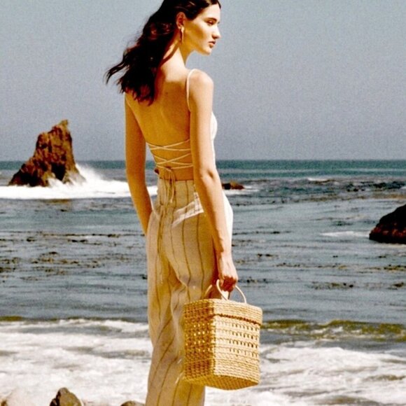 Reformation Jager Linen Natural Tan Black Stripe Jumpsuit Size 0 - Picture 1 of 8